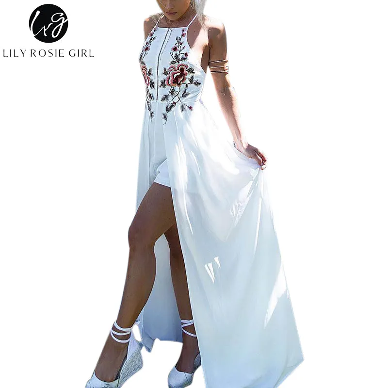 Lily Rosie Girl White Embroidery Floral Sexy Party Playsuits Split Autumn Winter Backless Jumpsuits Short Beach Rompers Overall
