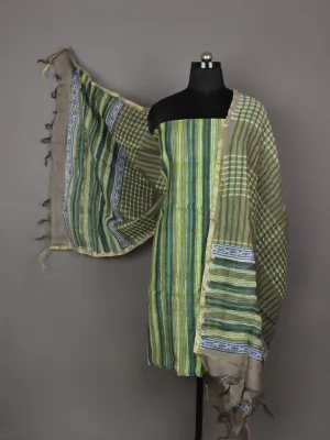 Lime Green Grey Ivory Blue Hand Block Printed Chanderi Silk Kurta & Chanderi Dupatta Fabric Set of 2 - S1628200