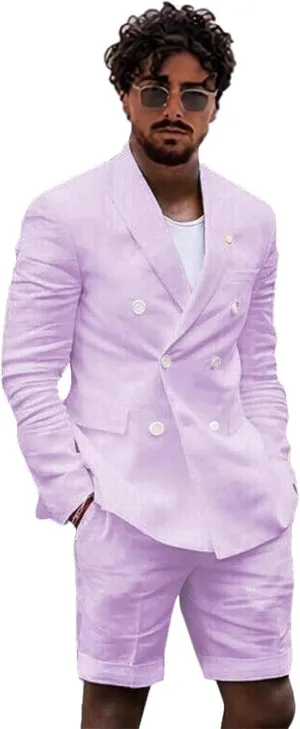 Linen 2 Piece Double Breasted Suit Men Summer Shorts Casual Blazer Tuxedo Groom Beach Wedding Dress (Blazer  Shorts)