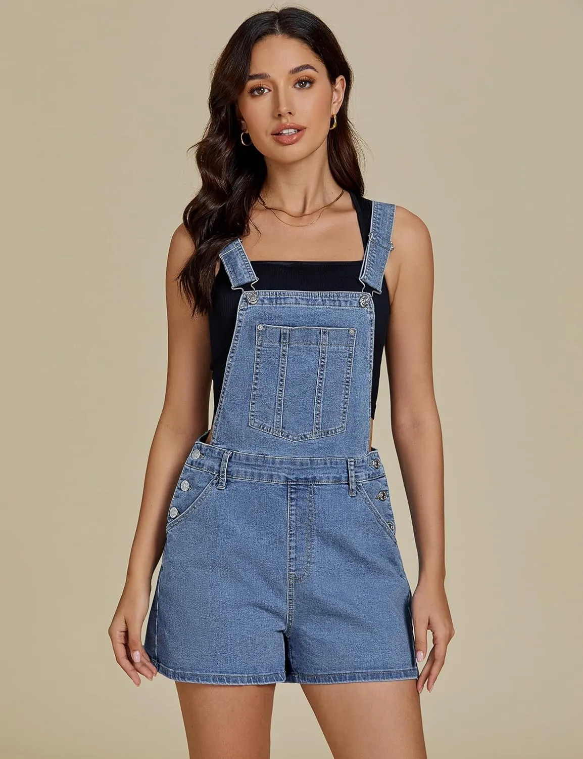 luvamia Jean Short Overalls for Women Baggy Adjustable Straps Bib Stretchy Denim Overall Jumpsuits Shortalls with Pockets