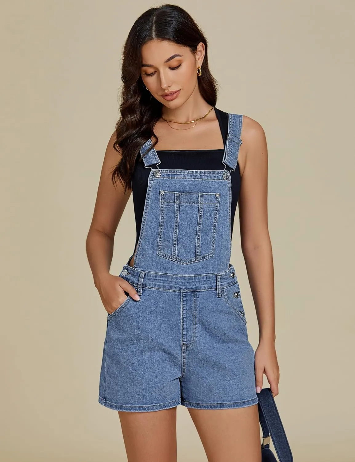 luvamia Jean Short Overalls for Women Baggy Adjustable Straps Bib Stretchy Denim Overall Jumpsuits Shortalls with Pockets