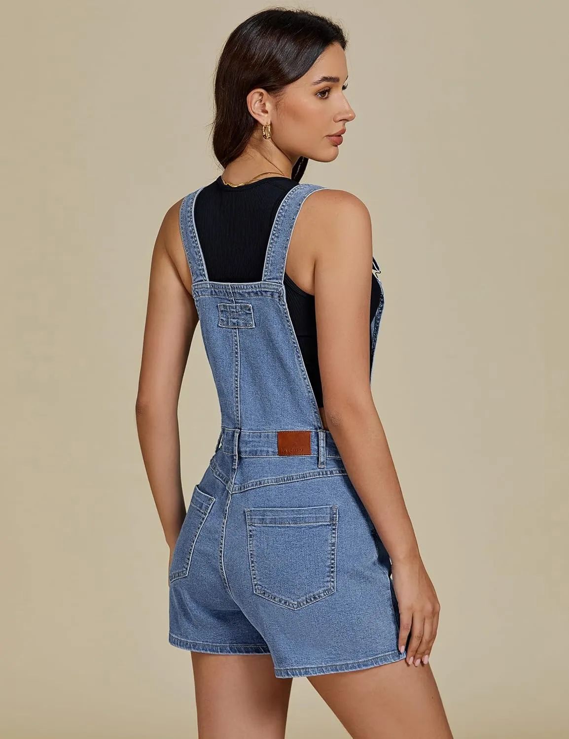 luvamia Jean Short Overalls for Women Baggy Adjustable Straps Bib Stretchy Denim Overall Jumpsuits Shortalls with Pockets