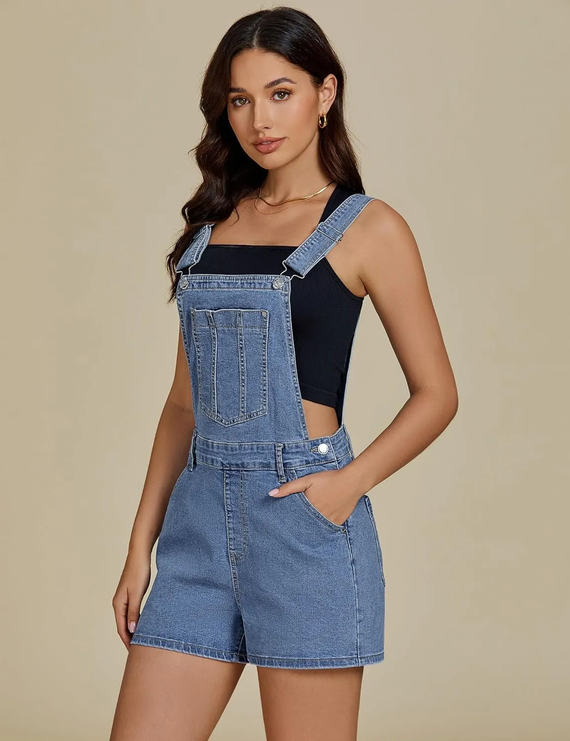 luvamia Jean Short Overalls for Women Baggy Adjustable Straps Bib Stretchy Denim Overall Jumpsuits Shortalls with Pockets
