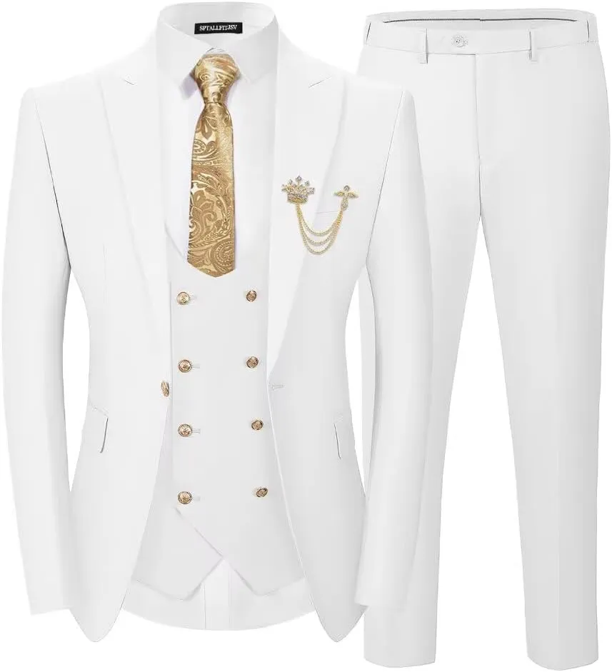 Men 3 Pieces Suits Slim Fit Wedding Prom Solid Blazer Double Breasted Vest and Pants Gold Button Tuxedo Set
