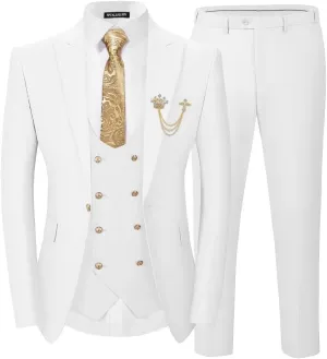 Men 3 Pieces Suits Slim Fit Wedding Prom Solid Blazer Double Breasted Vest and Pants Gold Button Tuxedo Set