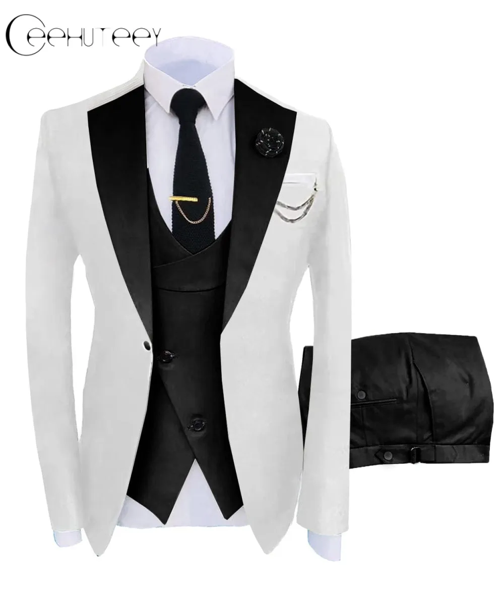 Men's 3 Piece Suits Slim Fit Notch Lapel Western Tuxedos (White Blazer Vest  Pant)