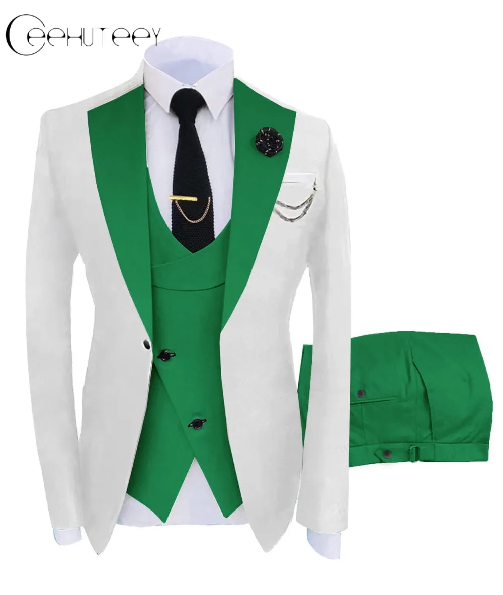 Men's 3 Piece Suits Slim Fit Notch Lapel Western Tuxedos (White Blazer Vest  Pant)