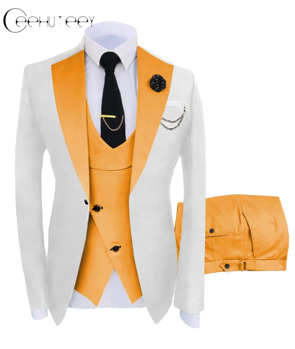 Men's 3 Piece Suits Slim Fit Notch Lapel Western Tuxedos (White Blazer Vest  Pant)