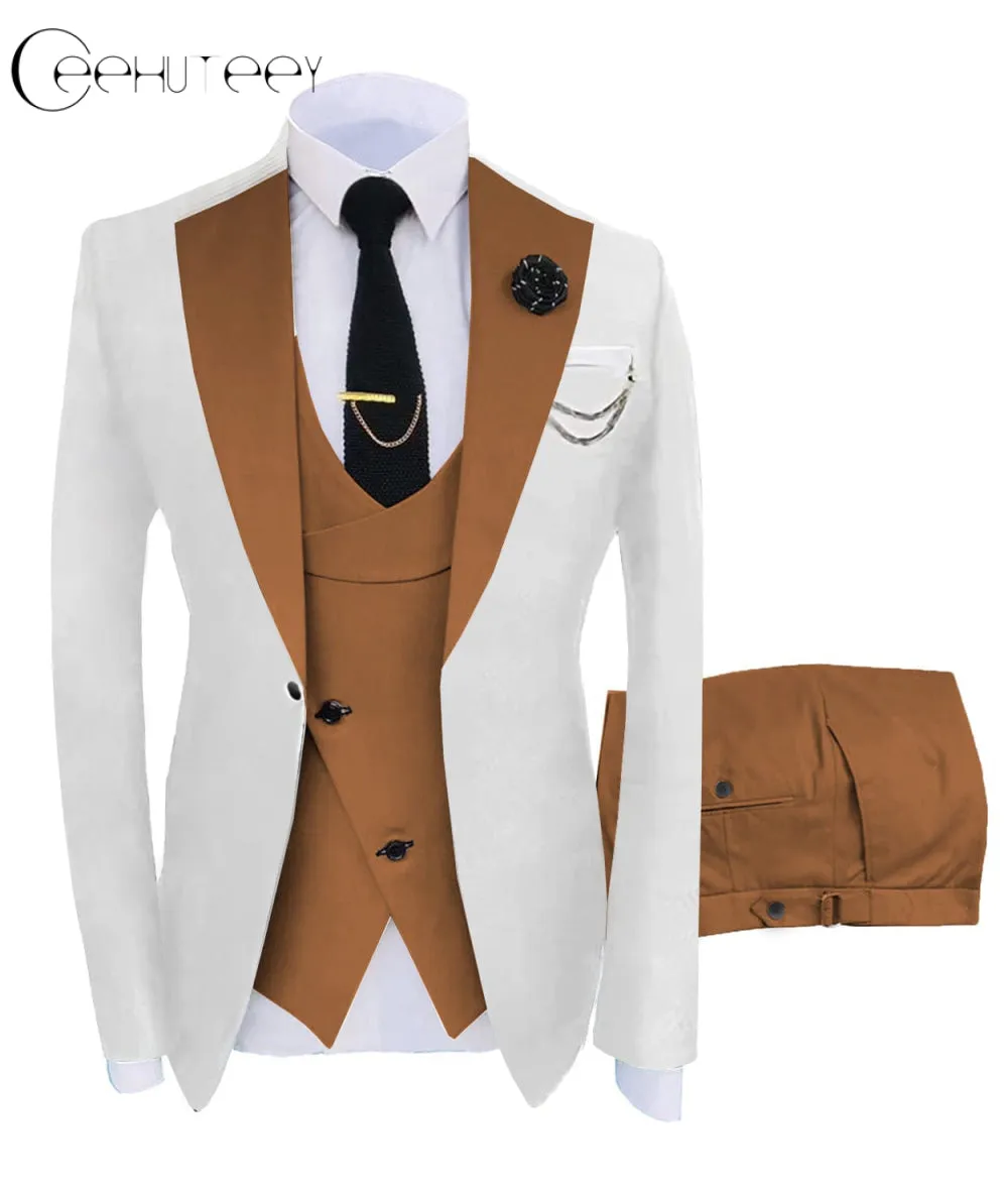 Men's 3 Piece Suits Slim Fit Notch Lapel Western Tuxedos (White Blazer Vest  Pant)