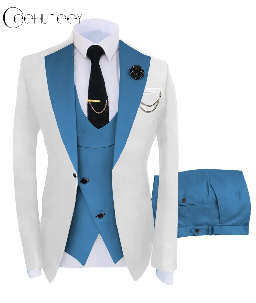 Men's 3 Piece Suits Slim Fit Notch Lapel Western Tuxedos (White Blazer Vest  Pant)