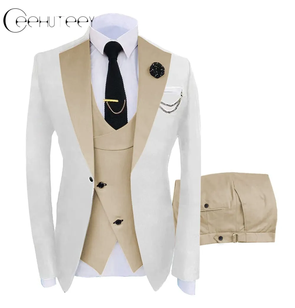 Men's 3 Piece Suits Slim Fit Notch Lapel Western Tuxedos (White Blazer Vest  Pant)