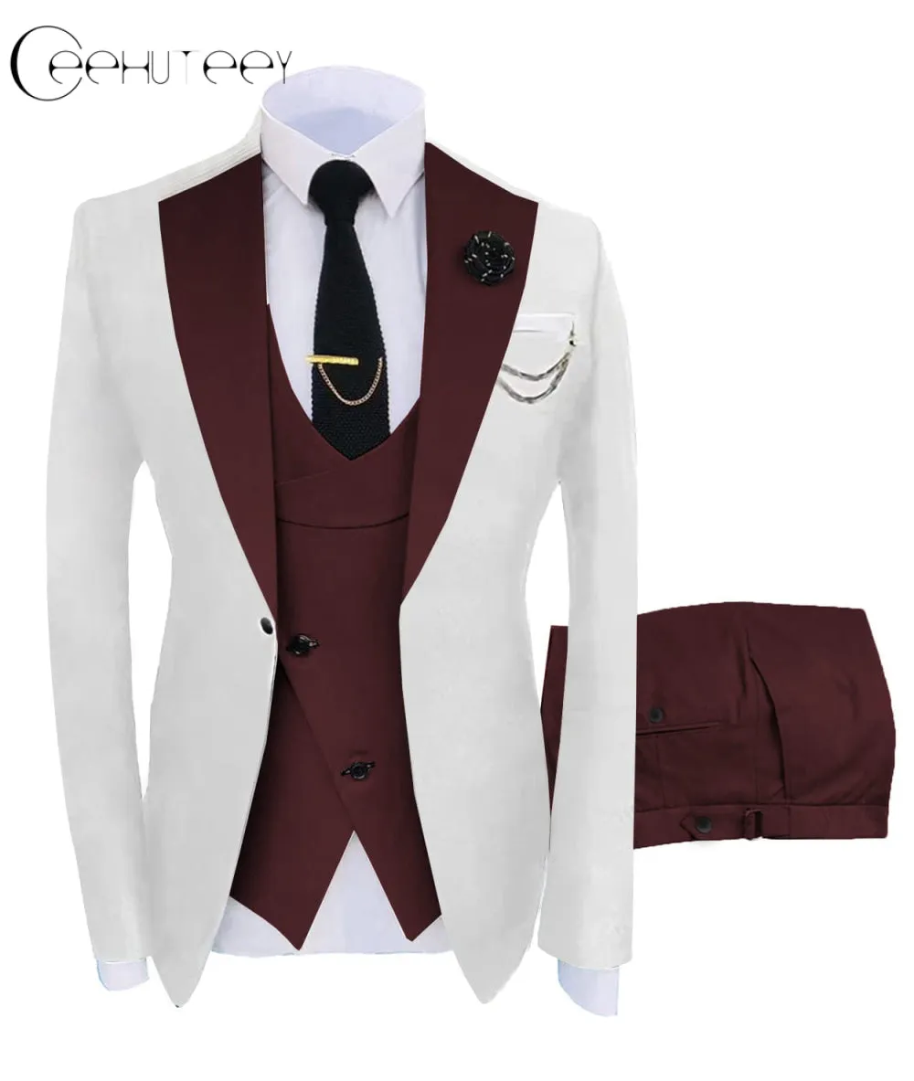 Men's 3 Piece Suits Slim Fit Notch Lapel Western Tuxedos (White Blazer Vest  Pant)