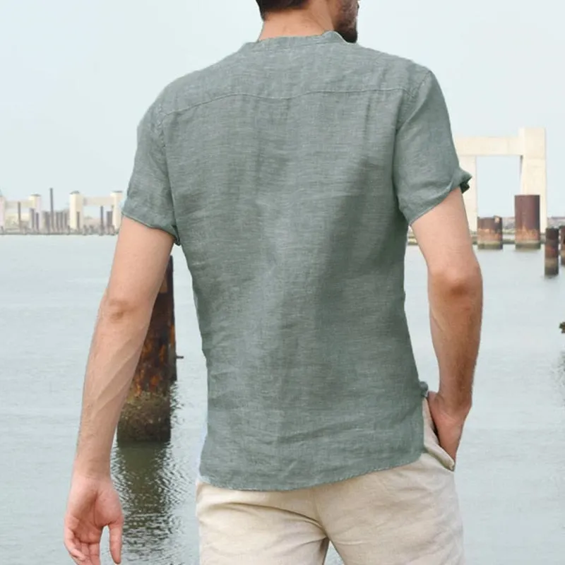 Mens Casual Shirts Short Sleeve V Neck