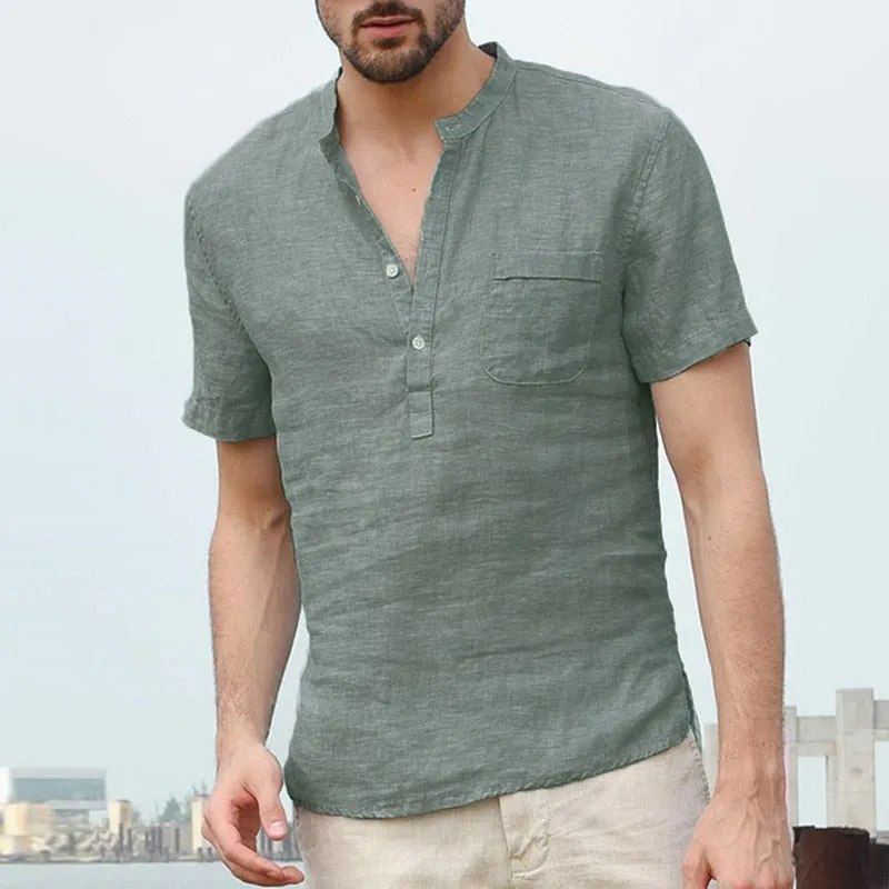 Mens Casual Shirts Short Sleeve V Neck
