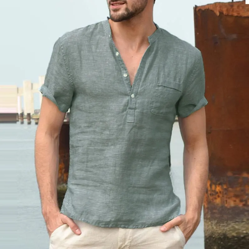 Mens Casual Shirts Short Sleeve V Neck