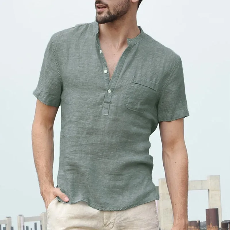 Mens Casual Shirts Short Sleeve V Neck