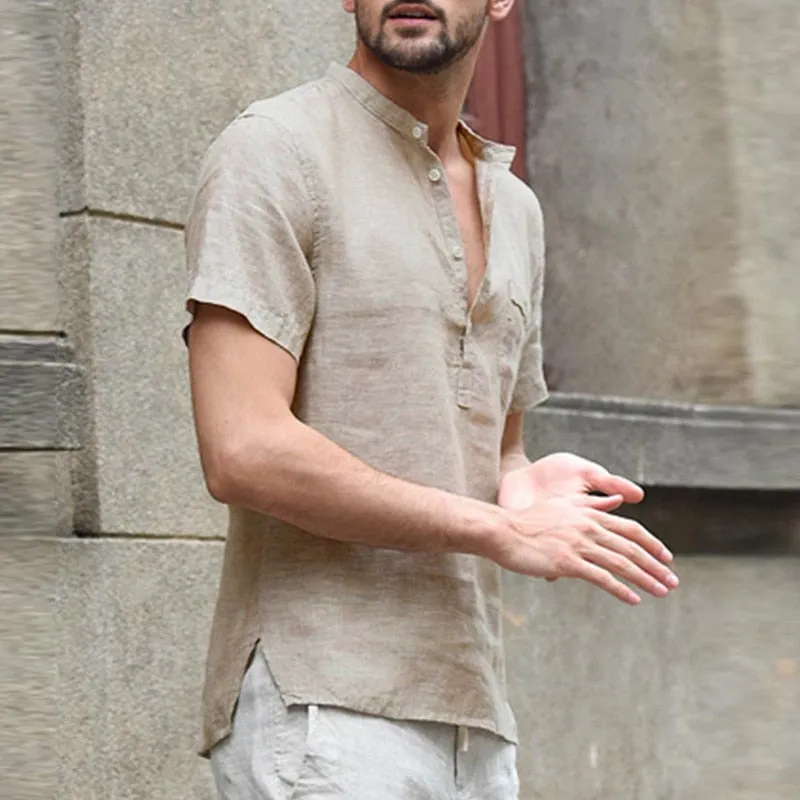 Mens Casual Shirts Short Sleeve V Neck
