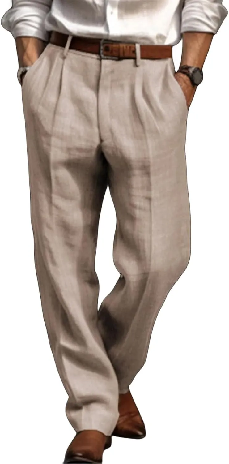 Men's Linen Pants Lightweight Straight Leg Pleated Leisure Trouser Relaxed Fit Casual Yoga Beach Work Dress Pant