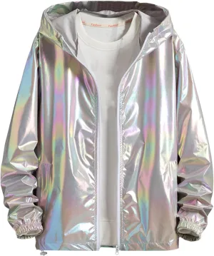 Mens Metallic Holographic Jackets Retro 70s Disco Christmas Party Hip Hop Futuristic Rave Zip Up Hoodie with Pocket