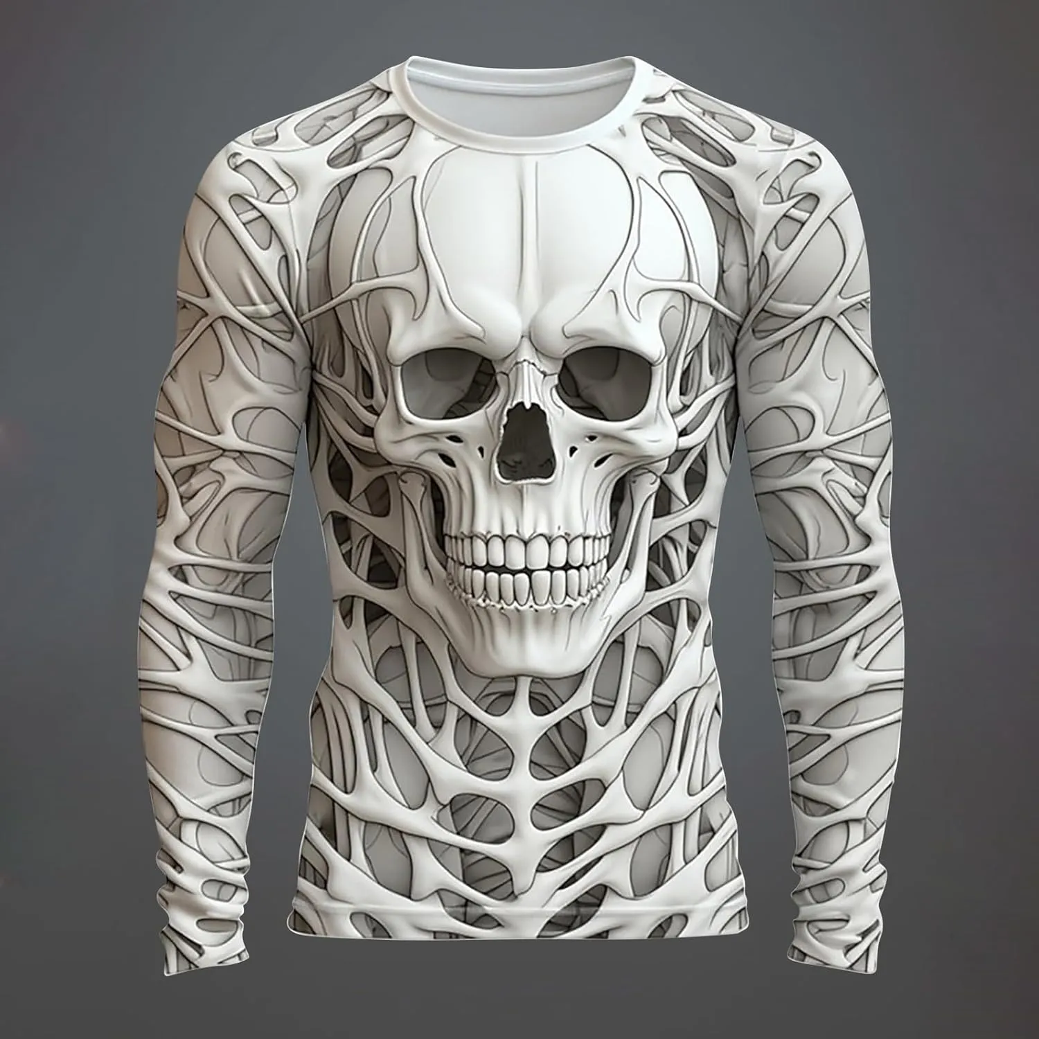 Mens Skeleton Shirt Long Sleeve Funny Skull Rib Cage 3D Print T Shirts Trendy Crew Neck Tshirt Holiday Party Outfits