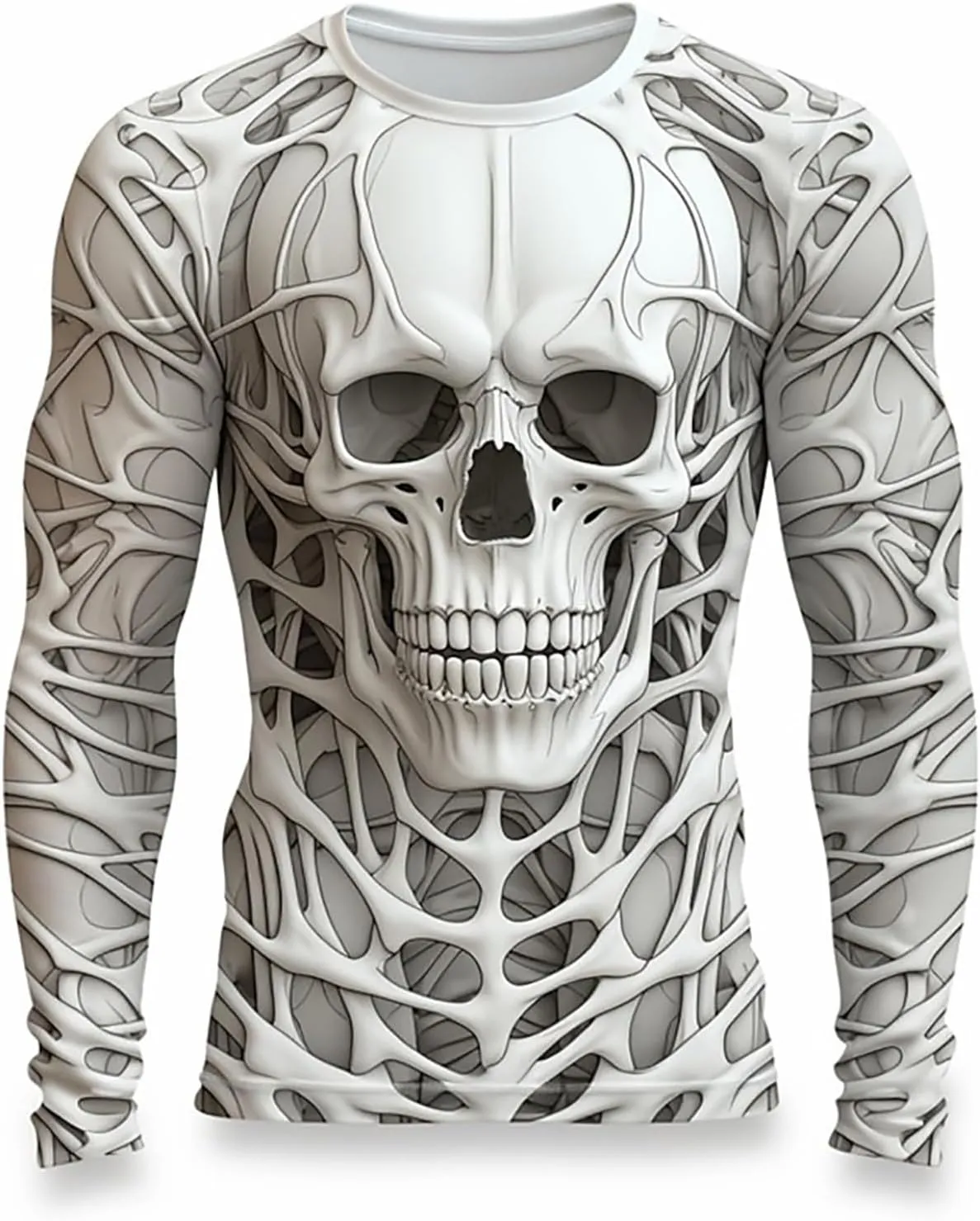 Mens Skeleton Shirt Long Sleeve Funny Skull Rib Cage 3D Print T Shirts Trendy Crew Neck Tshirt Holiday Party Outfits
