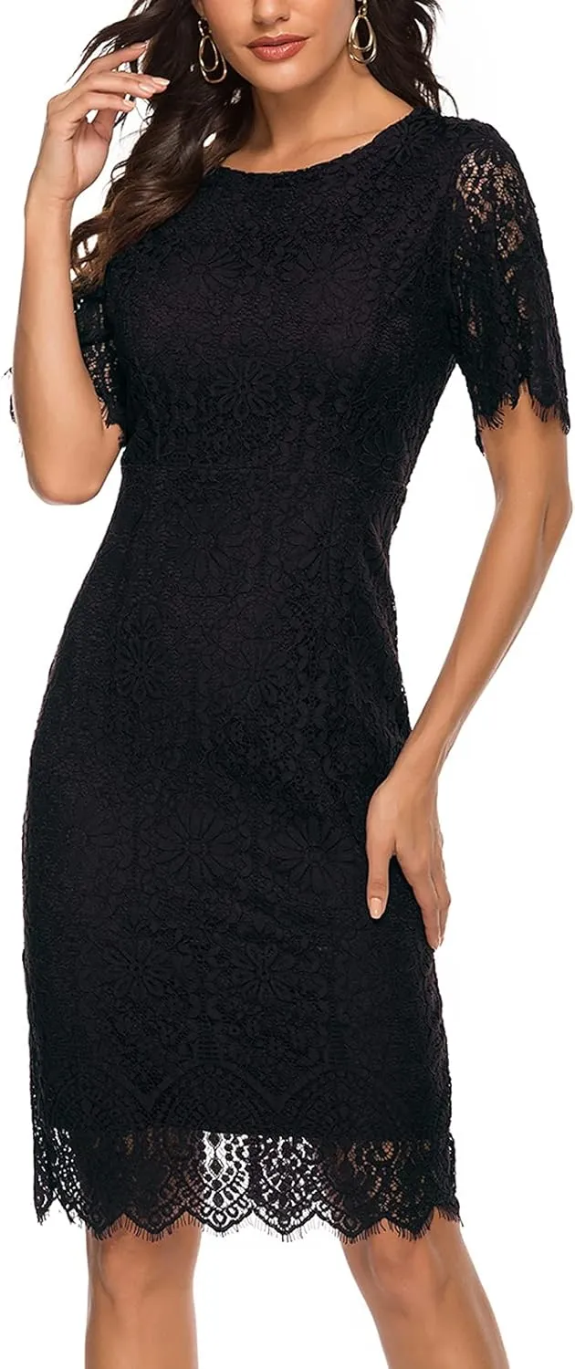 MEROKEETY Women's Short Sleeve Lace Floral Cocktail Dress Crew Neck Knee Length for Party