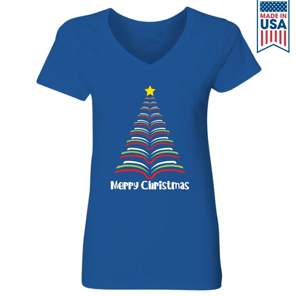 Merry Christmas Tree Book Lover Gift Women's V-neck T-shirt TSVB252