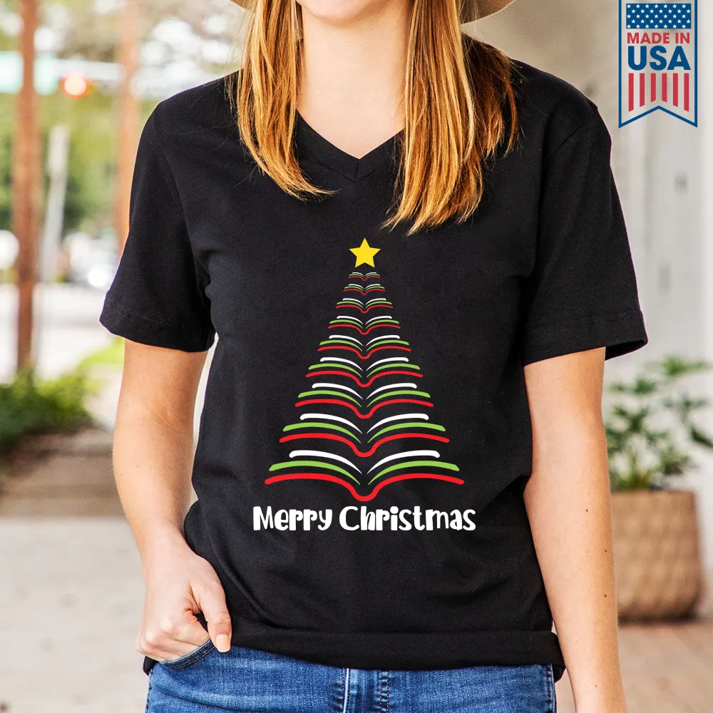 Merry Christmas Tree Book Lover Gift Women's V-neck T-shirt TSVB252