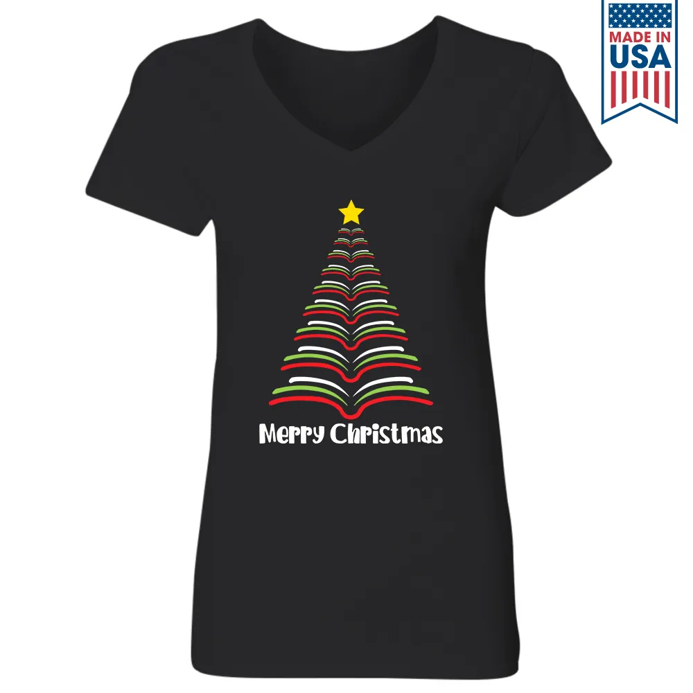 Merry Christmas Tree Book Lover Gift Women's V-neck T-shirt TSVB252