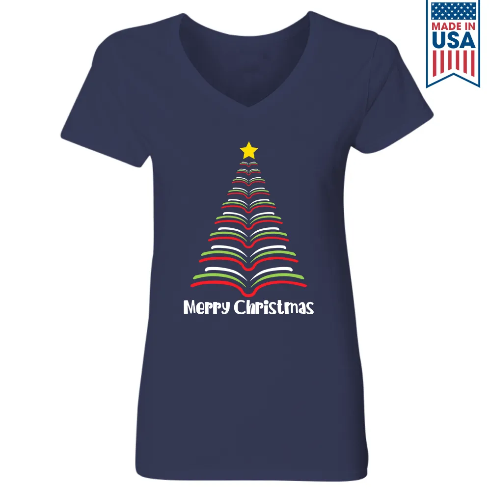 Merry Christmas Tree Book Lover Gift Women's V-neck T-shirt TSVB252