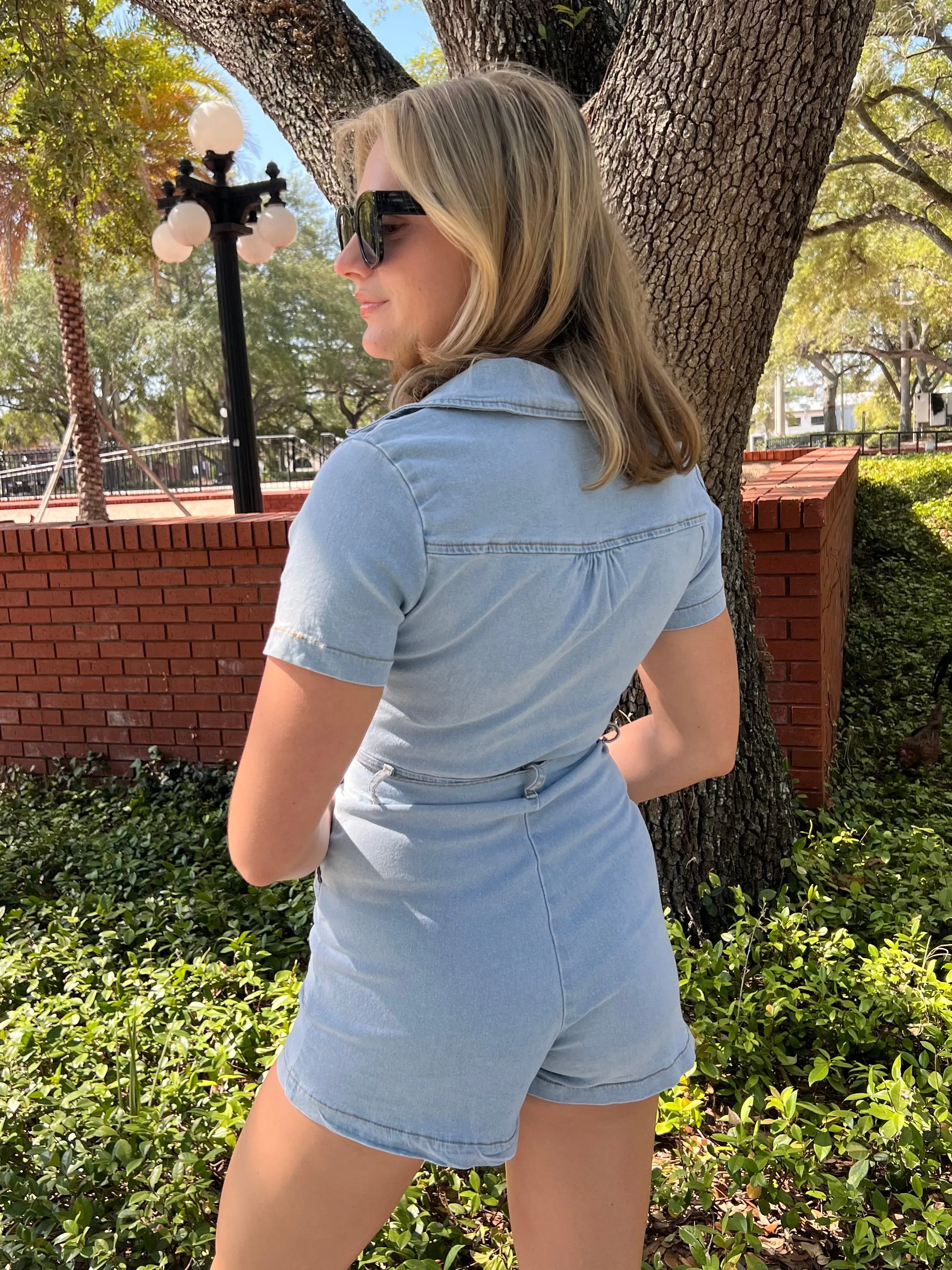 MORGAN BELTED ROMPER IN DENIM