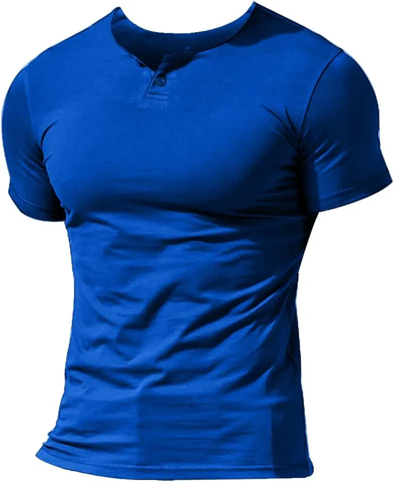 Muscle Alive Mens Summer Casual Short Sleeve Henleys T-Shirt Single Button Placket Plain v Neck Shirts