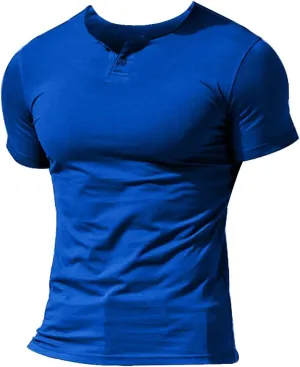 Muscle Alive Mens Summer Casual Short Sleeve Henleys T-Shirt Single Button Placket Plain v Neck Shirts