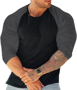 Muscle Alive Mens Summer Casual Short Sleeve Henleys T-Shirt Single Button Placket Plain v Neck Shirts