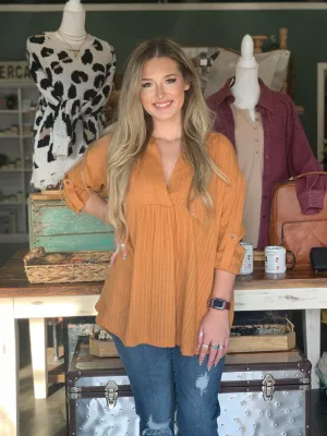 Mustard woven v neck top