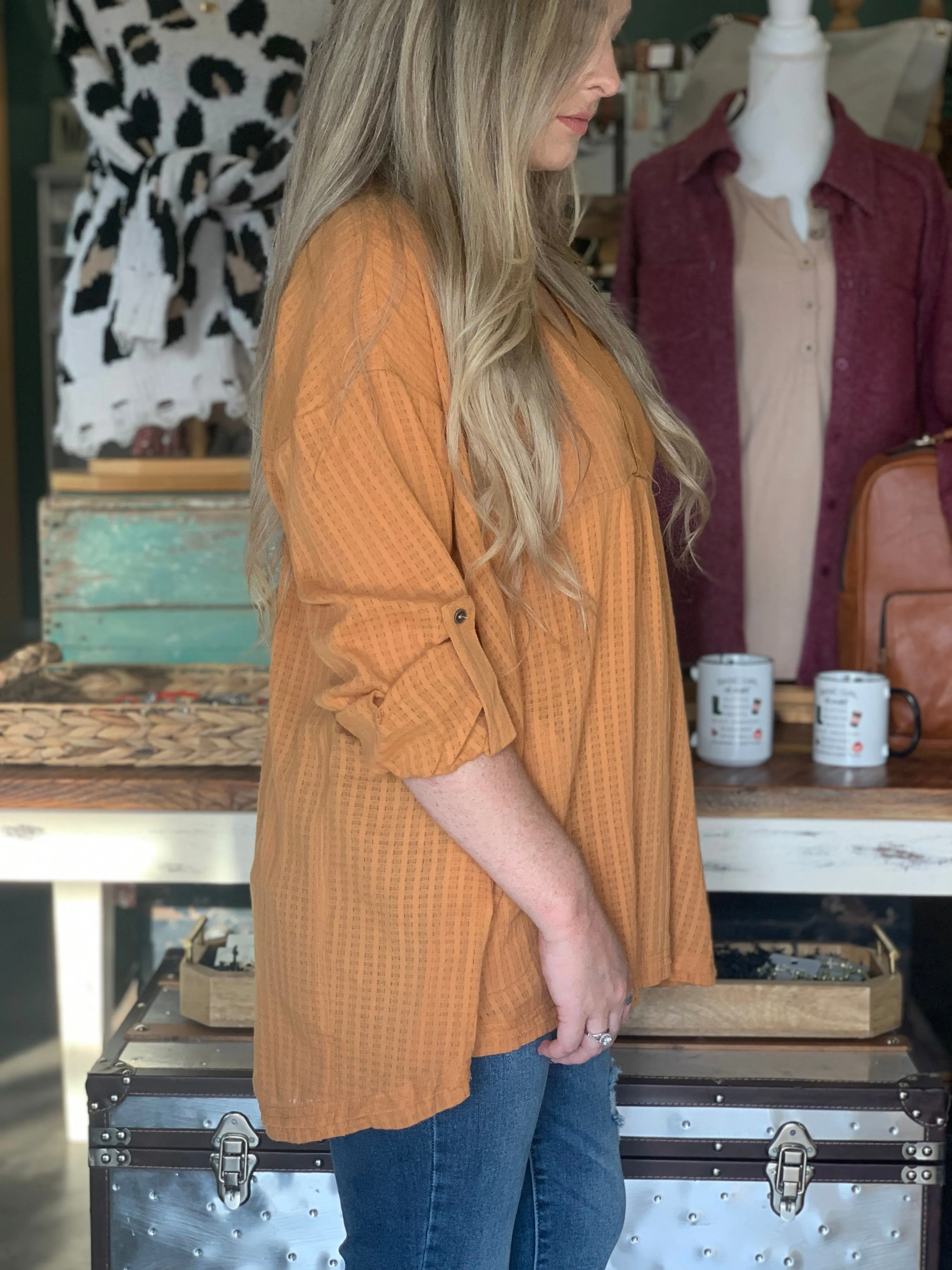 Mustard woven v neck top