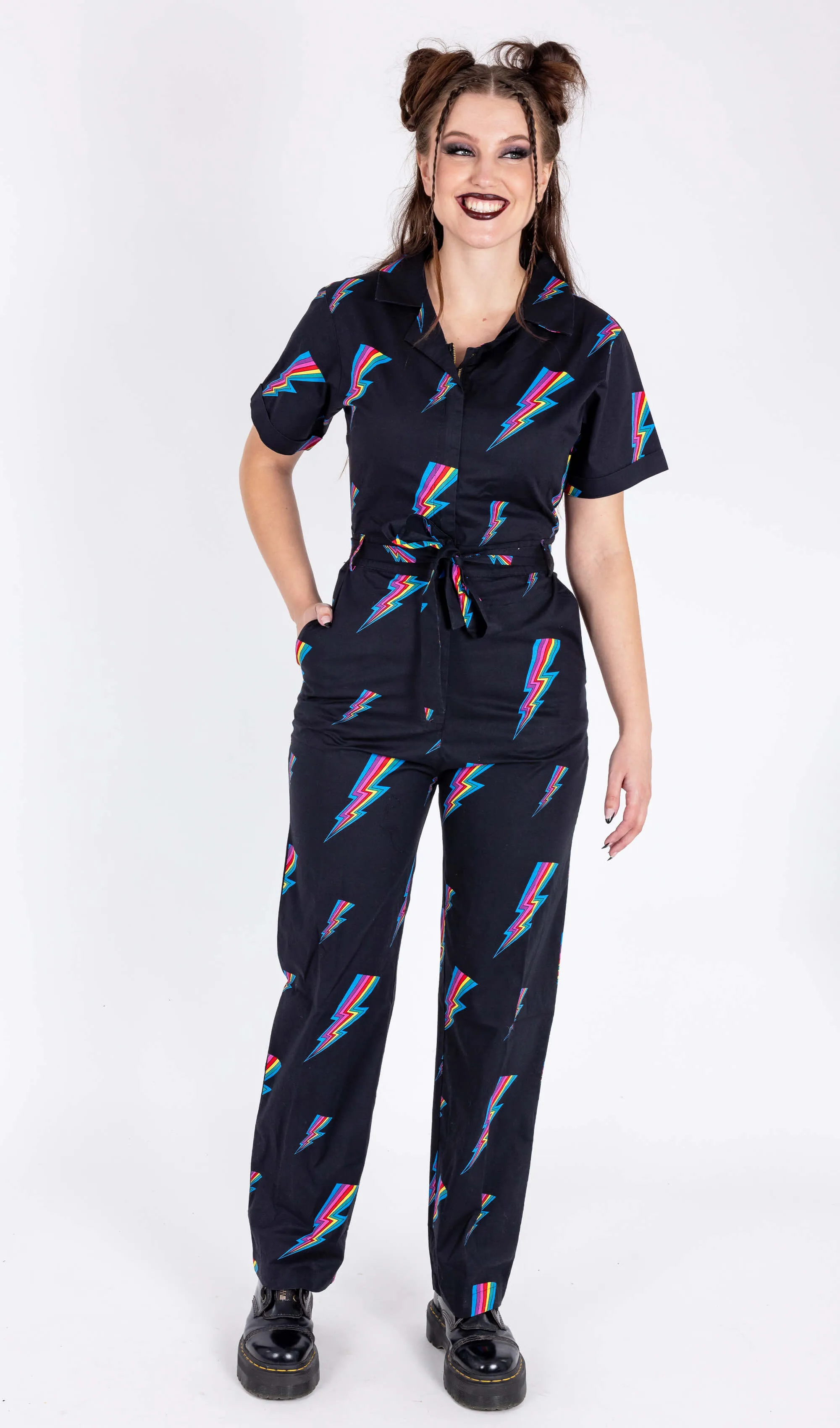 New Improved Black Rainbow Lightning Stretch Jumpsuit