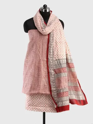 Off White Brick Red Black Bagh Hand Block Printed Cotton Suit-Salwar Fabric With Cotton Dupatta (Set of 3) - SU01HB422