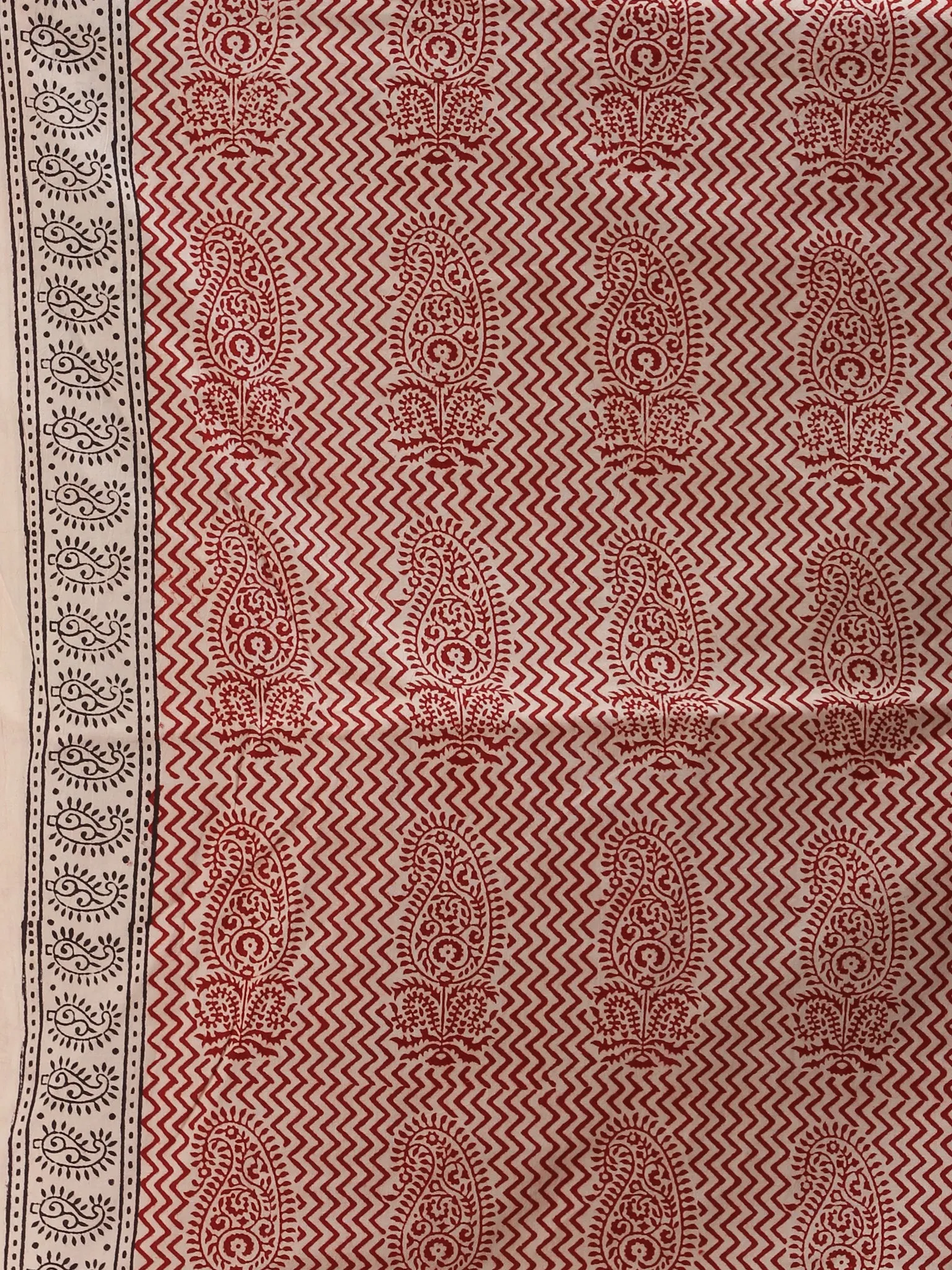 Off White Brick Red Black Bagh Hand Block Printed Cotton Suit-Salwar Fabric With Cotton Dupatta (Set of 3) - SU01HB422
