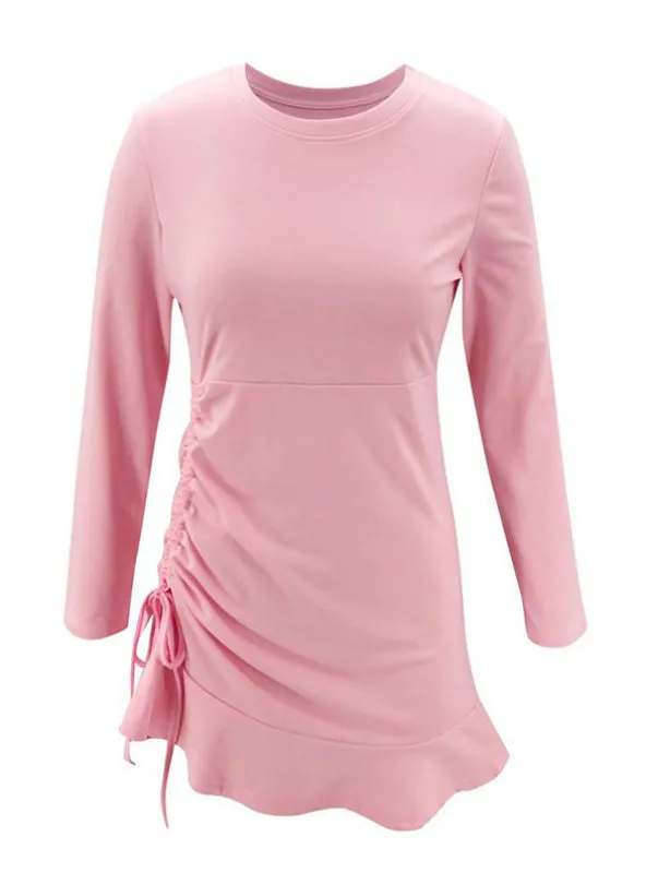 Pink Women Ruched Drawstring Ruffles Trim Dress