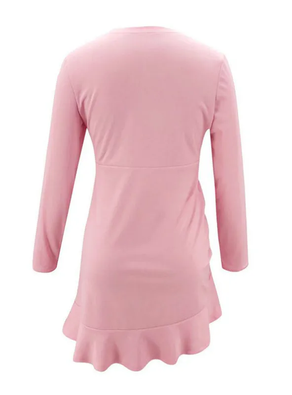 Pink Women Ruched Drawstring Ruffles Trim Dress