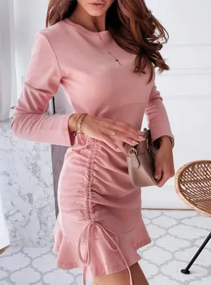 Pink Women Ruched Drawstring Ruffles Trim Dress