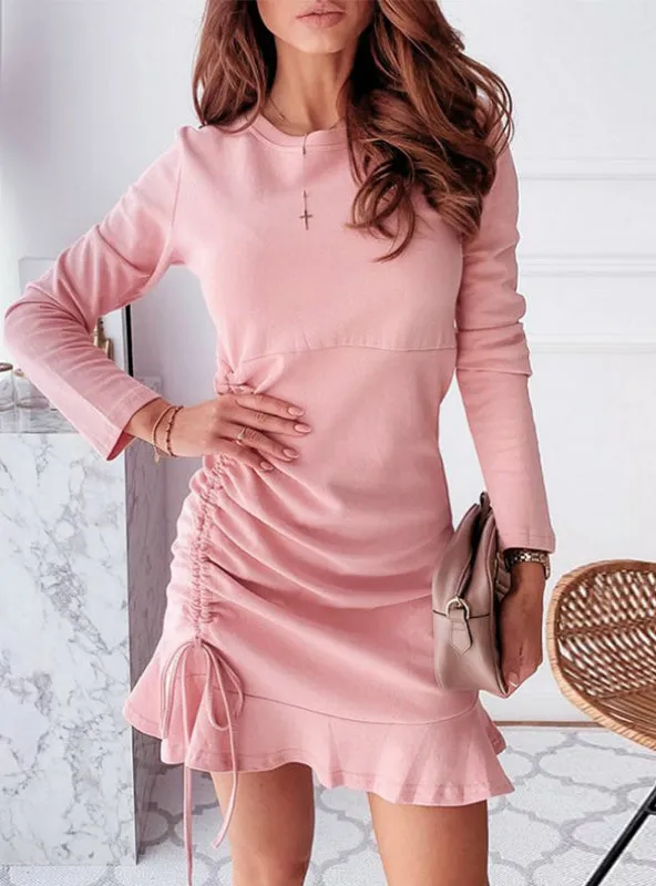 Pink Women Ruched Drawstring Ruffles Trim Dress
