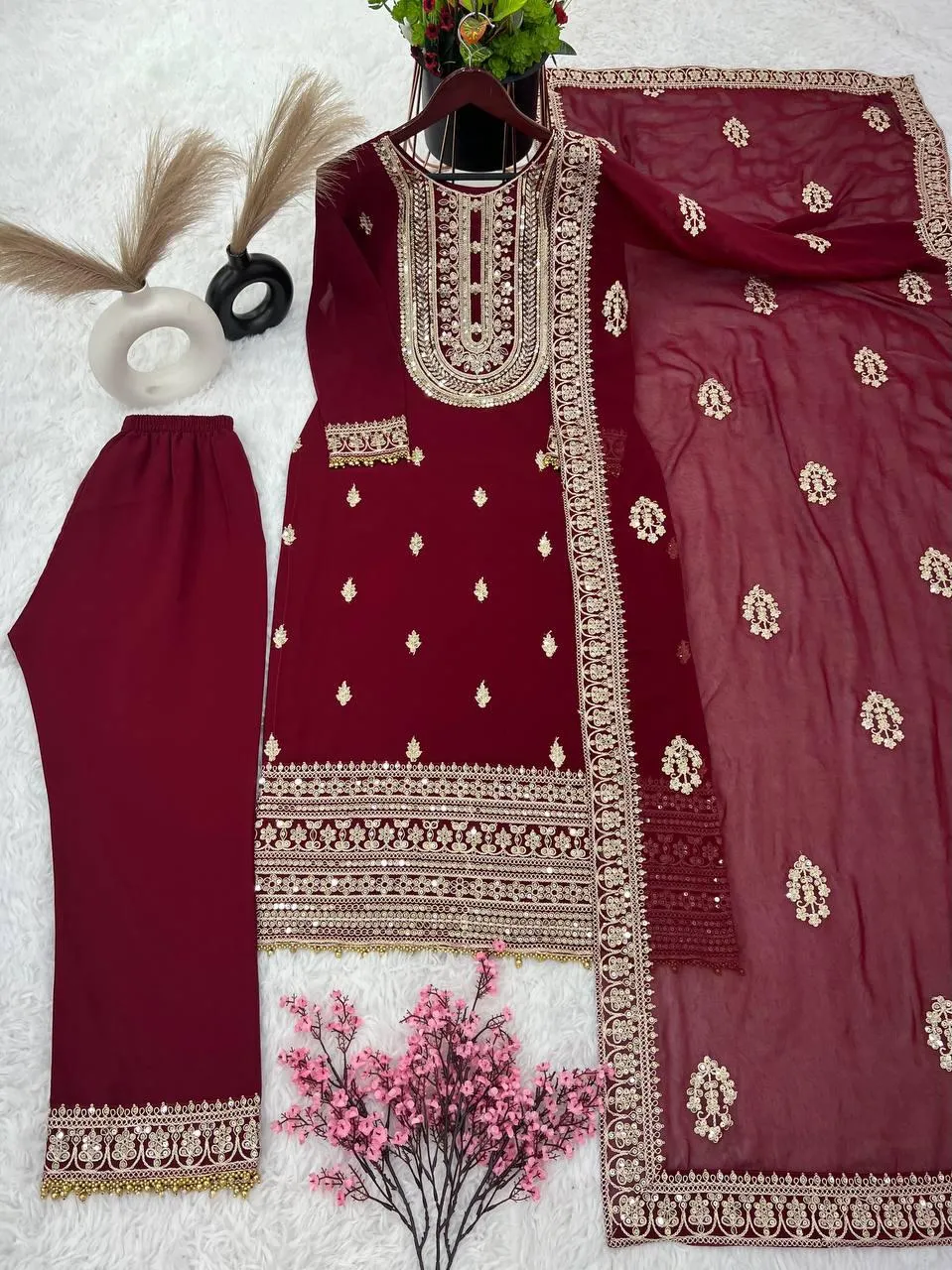 Pleasing Maroon Color Heavy Faux Georgette Palazzo Suits With Heavy Embroidery Work