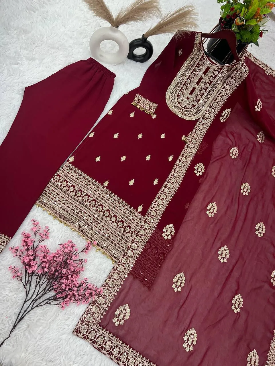 Pleasing Maroon Color Heavy Faux Georgette Palazzo Suits With Heavy Embroidery Work