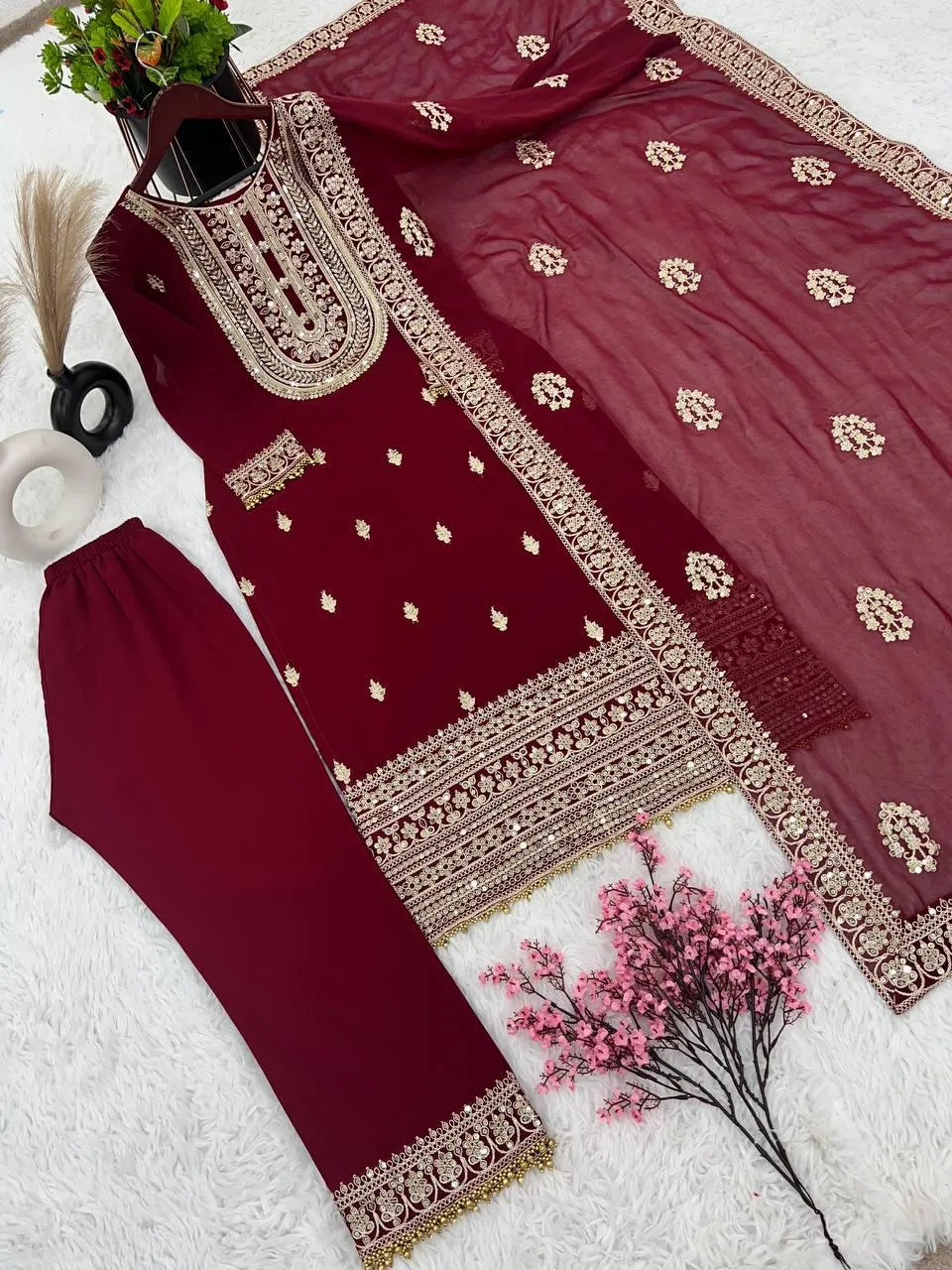 Pleasing Maroon Color Heavy Faux Georgette Palazzo Suits With Heavy Embroidery Work