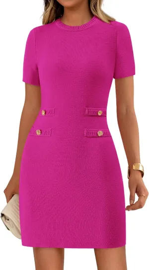 PRETTYGARDEN Work Dresses for Women 2025 Elegant Classy Summer Business Casual Short Sleeve Sweater Sheath Short Dress