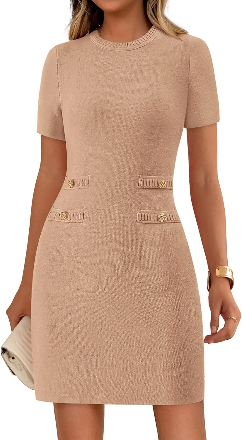 PRETTYGARDEN Work Dresses for Women 2025 Elegant Classy Summer Business Casual Short Sleeve Sweater Sheath Short Dress