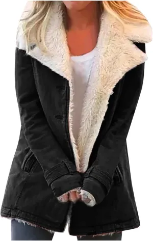 QWENTMTNTY Winter Coats for Women Fleece Lined Plus Size Sherpa Jacket Fashion Lapel Thicken Coat Thermal Outerwear Pockets
