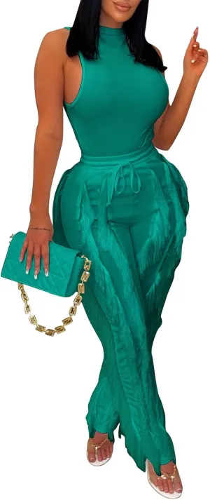 Remxi Women 2 Piece Outfits Sexy Sleeveless Sweatshirt Tassel Fringe Pants Sweatsuit Set Going Out Birthday Party Jumpsuit